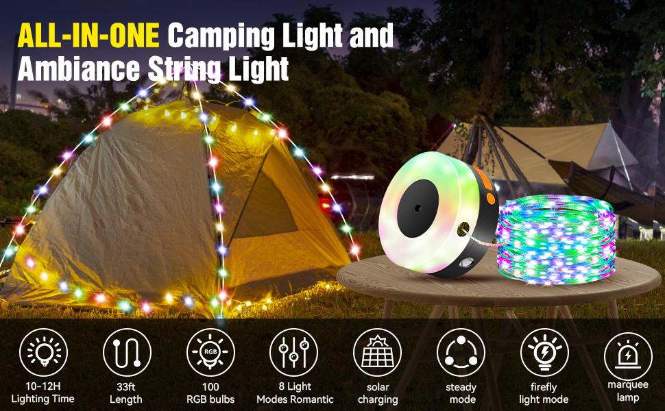 Solar Outdoor Camping String Lights, 3 in 1 Solar Camping Lights with 8