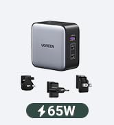 UGREEN Nexode GaN 65W USB C Charger International Travel Charger Plug 3-Port Fast Wall Charger He...