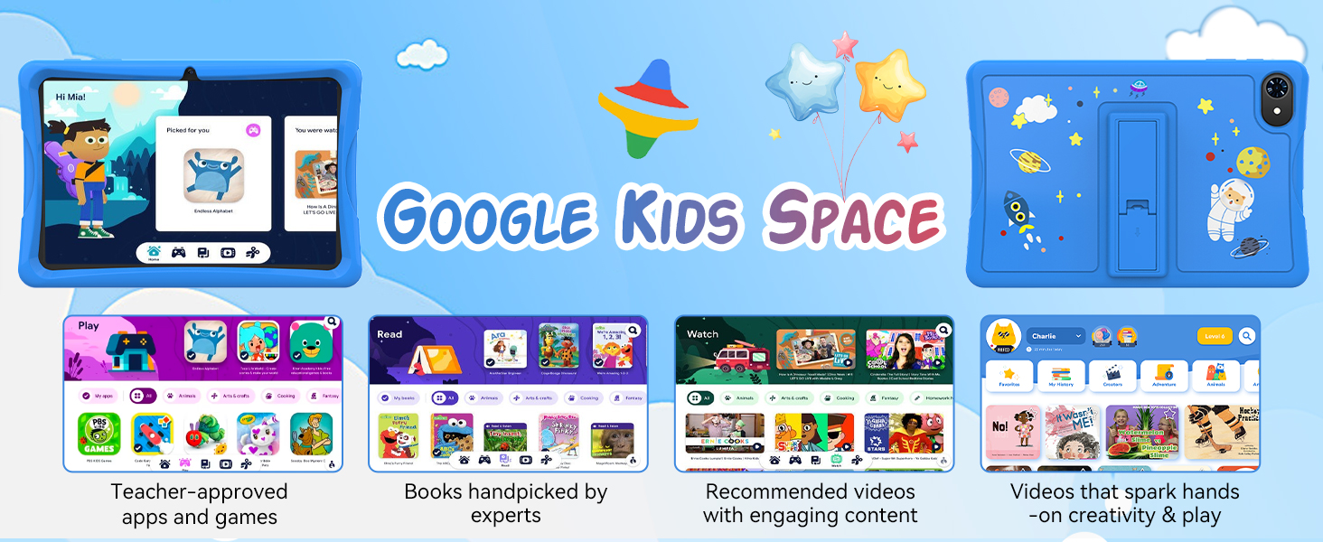 Text reads 'GOOGLE KIDS SPACE'. Screenshot series showing blue-themed interface with colorful icons and child-friendly app layout design.