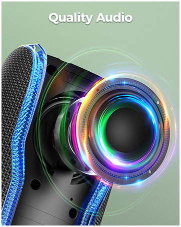 Close-up of headphone speaker with colorful LED ring. Blue fabric visible on headband. Text overlay reads 'Quality Audio'.