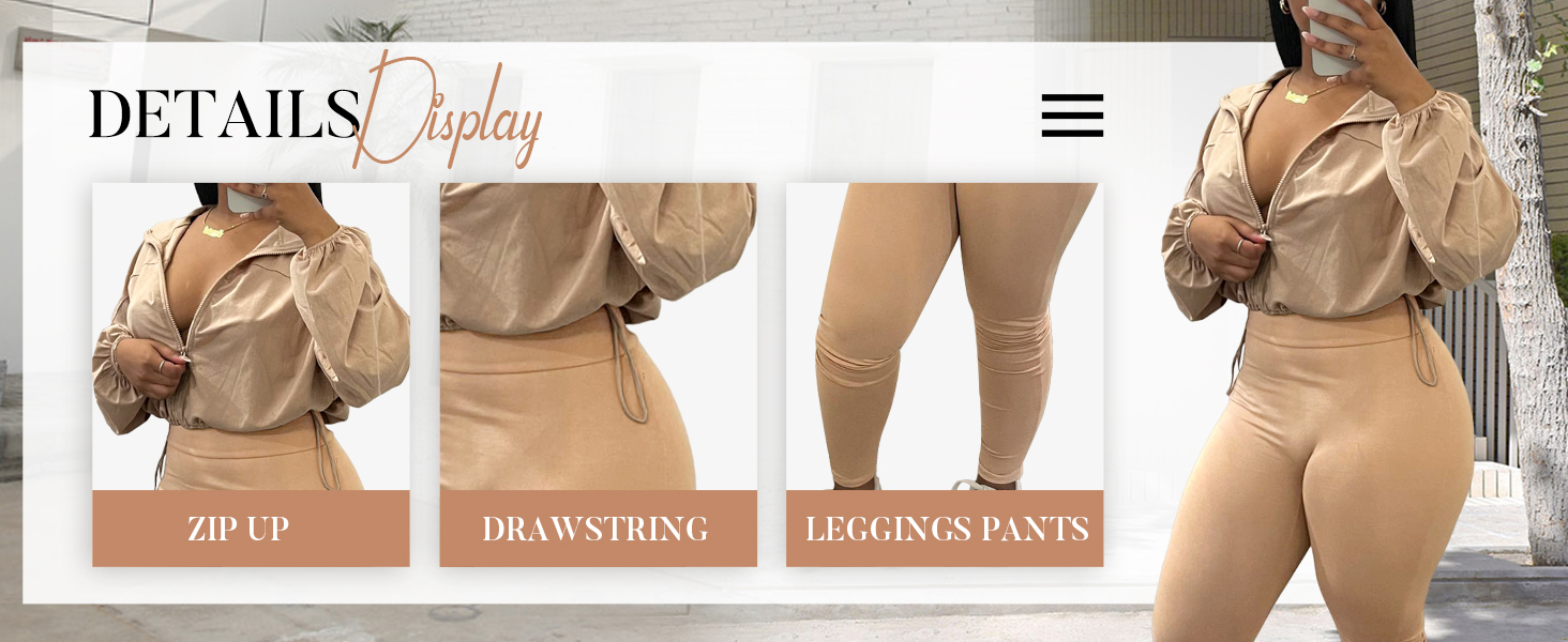2 Piece Outfit Tracksuit Zip Up Long Sleeve Drawstring Crop Jacket Top Bodycon Leggings Pants Sets