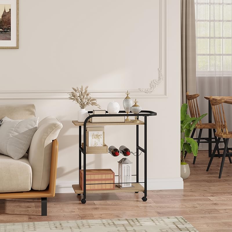 WOLTU Carrello Da Cucina. Scaffale Da Cucina Con 4 Ruote. Carrello Salvaspazio A 3 Livelli. Con Portabottiglie E Ripiano Rimovibile. In Legno E Metallo. Venature Di Legno Chiaro E Nero 12 DINING CAR