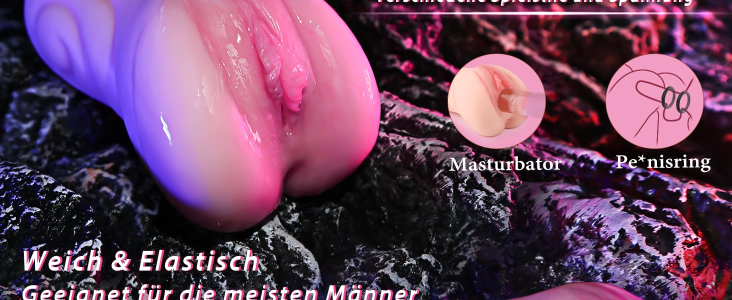 Rosafarbenes und lila strukturiertes Objekt auf dunklem Hintergrund. Im Text steht „Weich & Elastisch“ (weich und elastisch). Kleine Symbole weisen auf Produktmerkmale hin