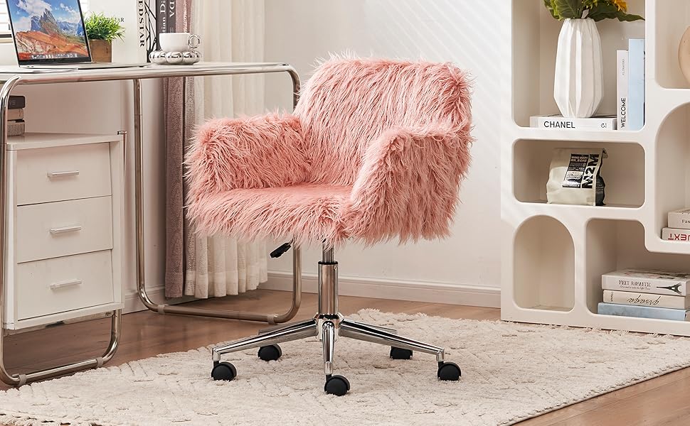 Goujxcy Fluffy Desk Chair, Pink Faux Fur Vanity Chair Swivel Office Chair for Girls