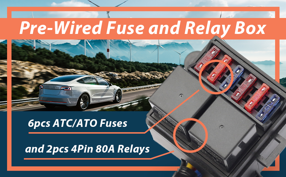 PreWired Fuse Relay Box with 2 Relay Slots and 6 ATC/ATO Fuse Holder, 2 4Pin 80A