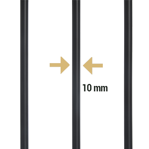 Diagramm mit drei vertikalen schwarzen Linien und Pfeilen, die einen Abstand von 10 mm dazwischen anzeigen. Veranschaulicht die Abstands- oder Dickenmessung.