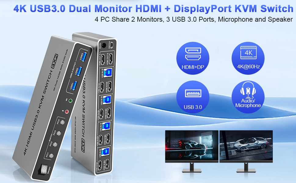 2 HDMI + DisplayPort USB 3.0 KVMスイッチ Amazon.com: 2 Displayport + HDMI USB 3.0 KVM Switch 3