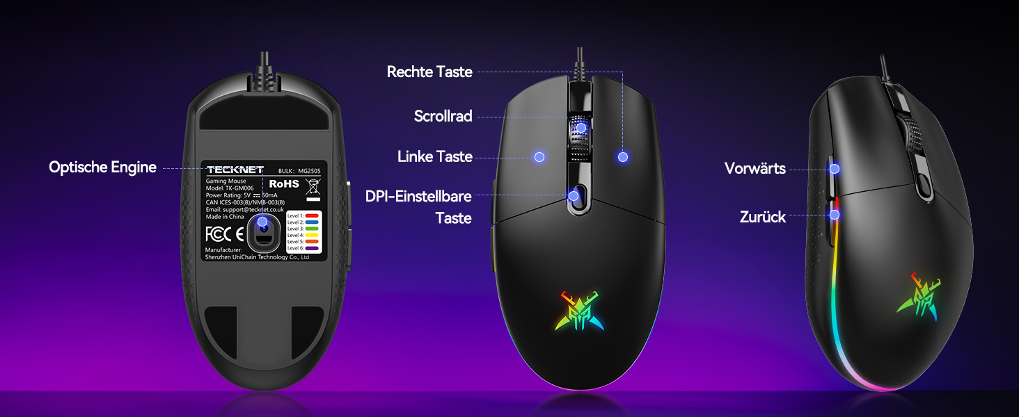 Drei Gaming-Mäuse werden vor einem Hintergrund mit violettem Farbverlauf angezeigt. Schwarze Gaming-Peripheriegeräte mit sichtbarer LED-Beleuchtung.