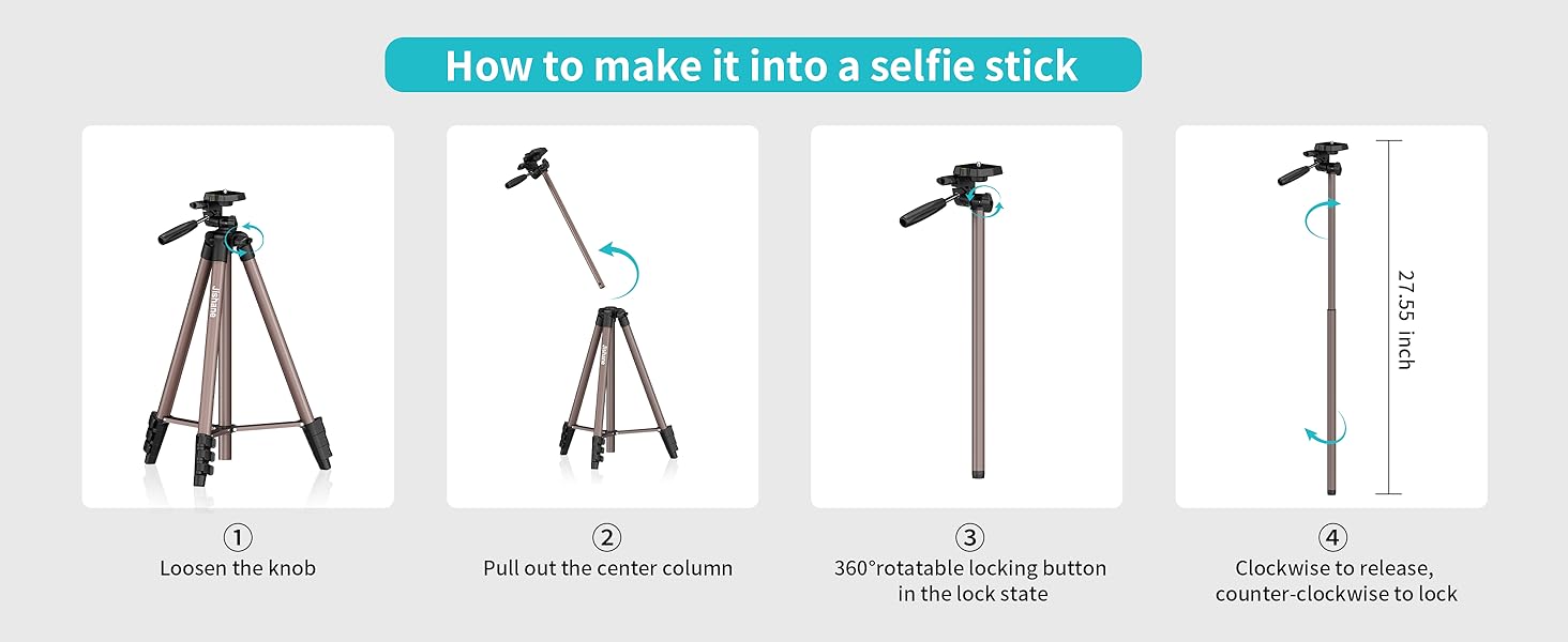 Steps to turn a tripod stand into a selfie stick