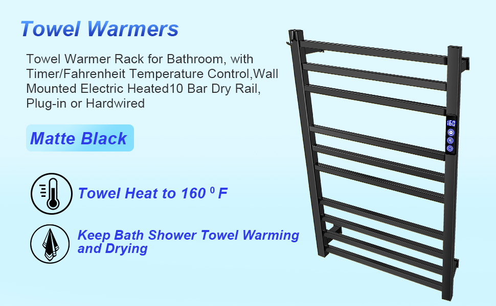 WarmlyYours Black Towel Warmers For Bathroom - Wall Mounted