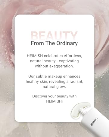 Cosmetic product advertisement featuring a white tube labeled 'HEIMISH' against a soft, floral background. Text describes natural beauty enhancement and subtle makeup for a radiant glow.