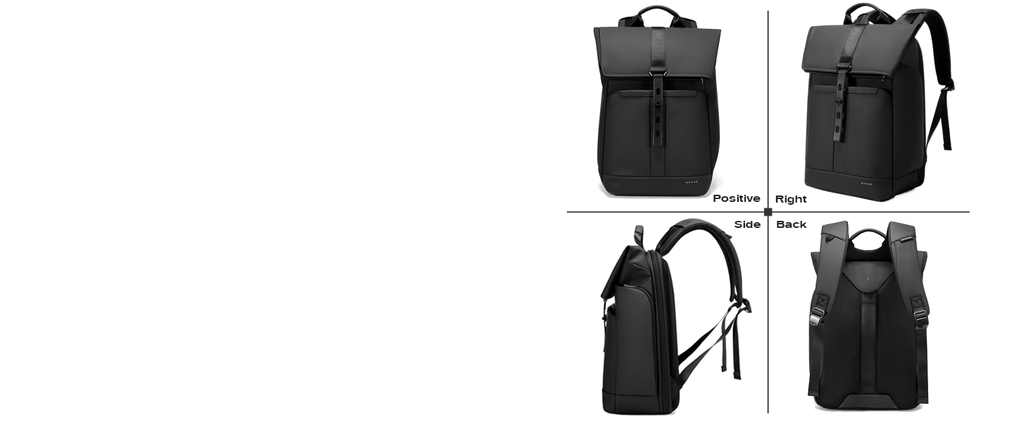 Sac à dos minimaliste noir présenté sous quatre angles, avec un design à chargement par le haut, des poches latérales et des bretelles rembourrées. Plusieurs vues affichent la capacité de stockage et les fonctionnalités.