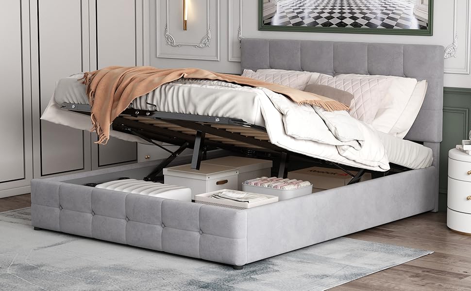 Gegtuon Upholstered Bed, 140 x 200 cm, Double Bed with Headboard, Storage Bed, Youth Bed, Hydraulic