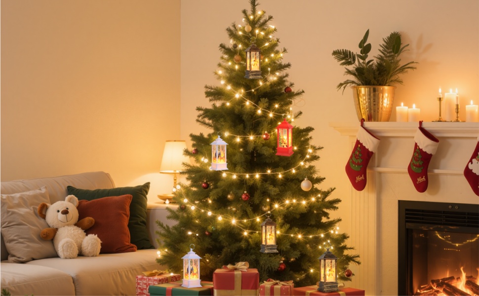 Cozy Christmas scene with decorated tree, stockings hung on wall, and warm lighting creating festive atmosphere in living room setting.