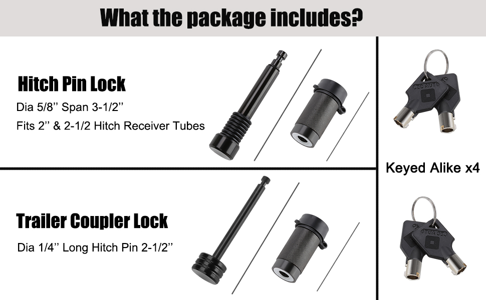 Hitch Lock Set, 5/8” Dia 4” Long Hitch Pin Trailer Hitch Lock Receiver Pin