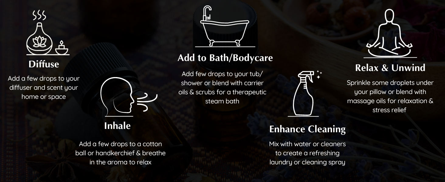 How to use essential oils - inhale, diffuse, clean, relax or add to bath/bodycare routine