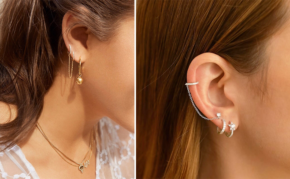 Chain Earrings for Women - 925 Sterling Silver Gold Hoop Double Piercing Earrings Two Holes CZ Huggie Hoop Earrings Set Tassel Drop Link Cuff Cartilage Helix Earrings for Teen Girls Jewellery Gifts 13 Gold Chain stud earrings Tassel Double Cz Earrings Link Dangle chain Dangling Hoop earrings  Earlobe