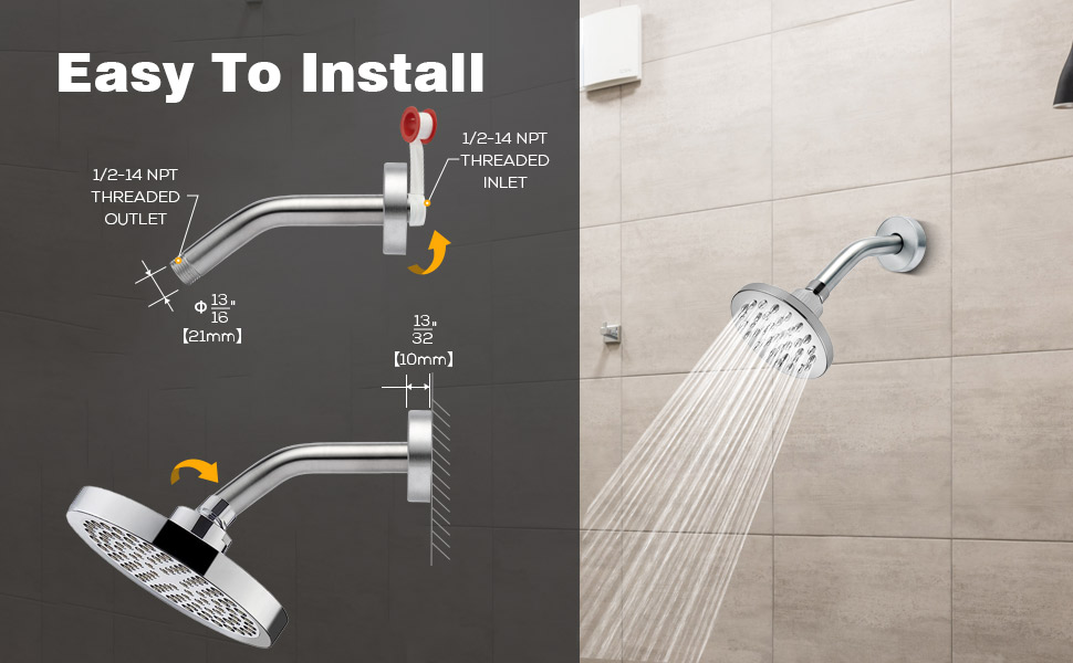 Shower Arm with Flange and Teflon Tape,304 Stainless Steel Shower Head