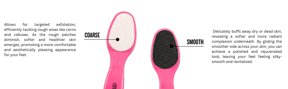 Double sided foot file. The coarse side is for tough areas, smooth side is to buff dry skin. 