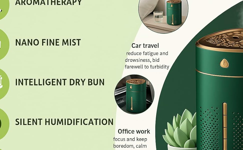 Relaxation Aid, Stylish Hydration, Breathable Atmosphere, Smart Moisture Control, Silent Operation