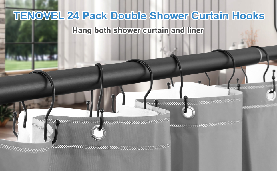 24 Pack Double Shower Curtain Hooks Rings, TENOVEL Double
