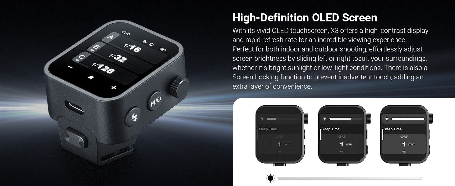 Kleines schwarzes elektronisches Gerät mit OLED-Bildschirm, auf dem numerische Werte angezeigt werden. Drei Größen des unten abgebildeten Geräts, gekennzeichnet mit unterschiedlichen Speicherkapazitäten.