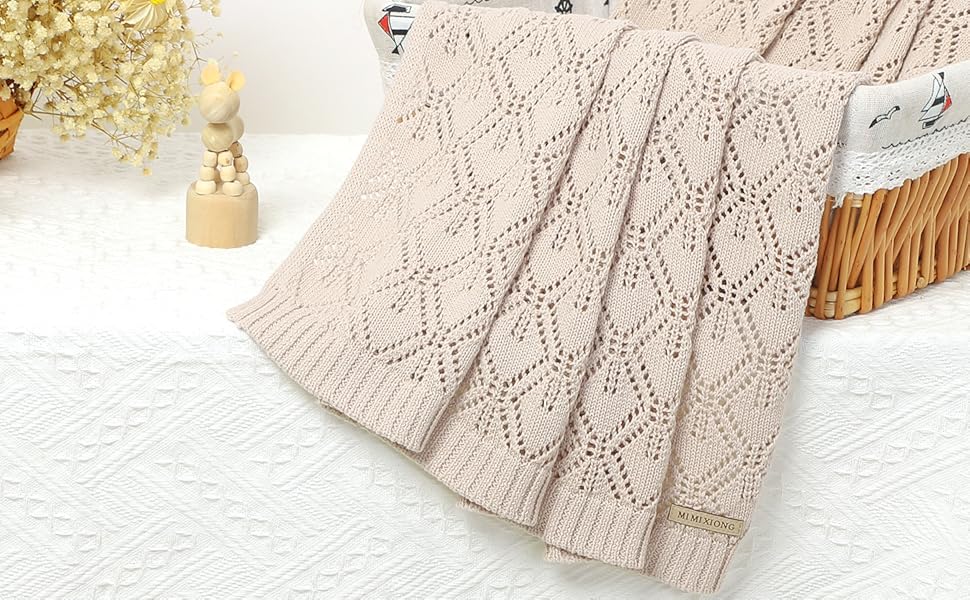 mimixiong Cellular Baby Blanket, 100 Cotton Knit Baby Blanket for