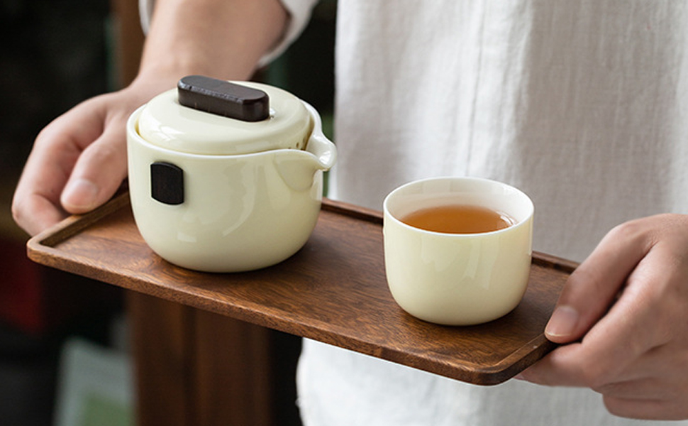 ≪陶磁器 茶器セット ─ 4客用 木製トレイ付≫ ≪陶磁器 茶器セット ─ 4客用 木製トレイ付≫ ≪陶磁器 茶器セット