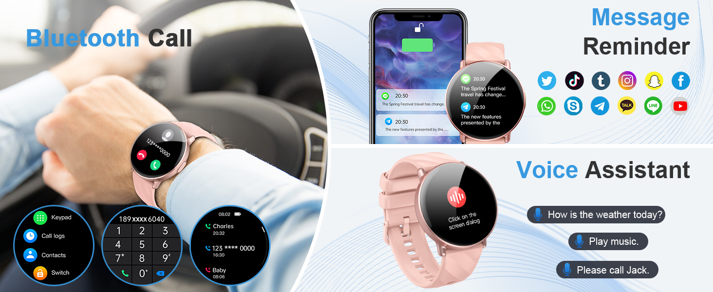 Smartwatch promotional image showing features including bluetooth calls, message reminders, and voice assistant with interface screenshots.