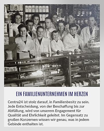 Deutsche Textüberschrift 'EIN FAMILIENBETRIEB ENTWICKELT DIE NEUEN'. Historische Schwarzweißfotos, die eine Produktions- oder Laborumgebung mit Menschen in weißen Kitteln zeigen.