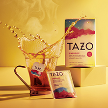 Image of a cup of tea and box of Tazo Energize