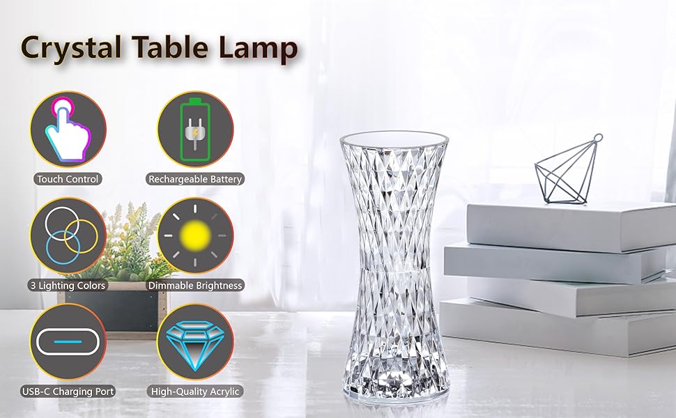3Color Changing Crystal Diamond Table Lamp, Touch Control Bedside Lamp