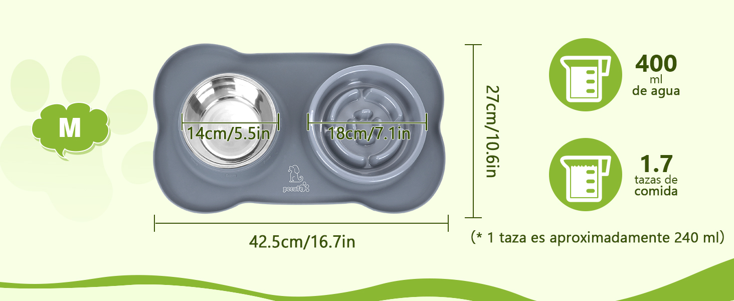 Diagrama de dimensiones del producto que muestra un recipiente de doble compartimento que mide 42,5 cm de ancho con indicadores de capacidad de 400 ml y 1,7 litros