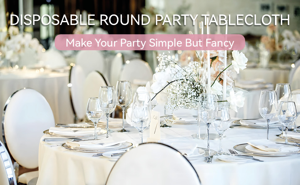 White Round 84" Disposable Tablecloth (3 Pack) and Gold 12x108 Satin Table Runner (3