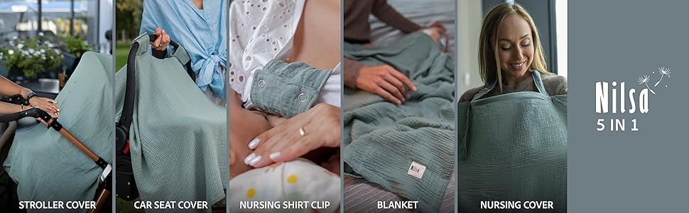 5 in1 muslin nursing cover, baby car seat cover baby, stroller cover, nursing clip, muslin blanket