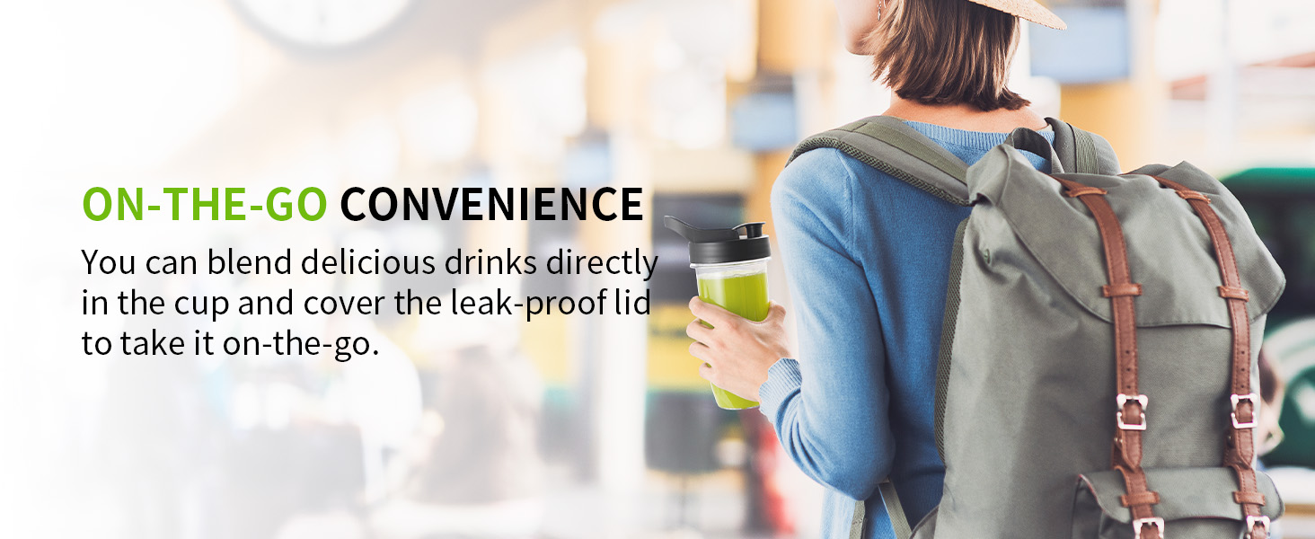 Portable blender cup with leak-proof lid, shown with person holding green smoothie and wearing gray backpack, emphasizing on-the-go convenience for blending drinks.