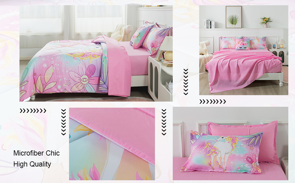 lishjekee Pink Unicorn Comforter Sets Bed in A Bag 6 Pieces Twin Cartoon Girls Unicorn Bedding