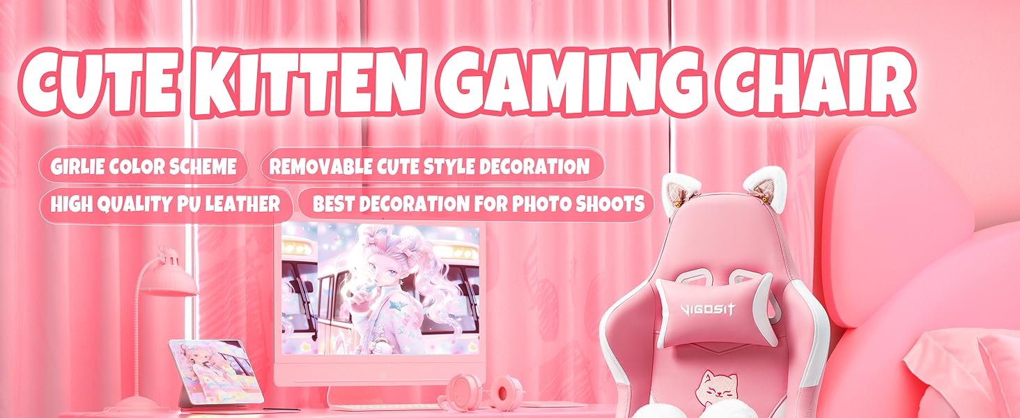 Vigosit Pink Gaming Chair with Cat Paw Lumbar Cushion and