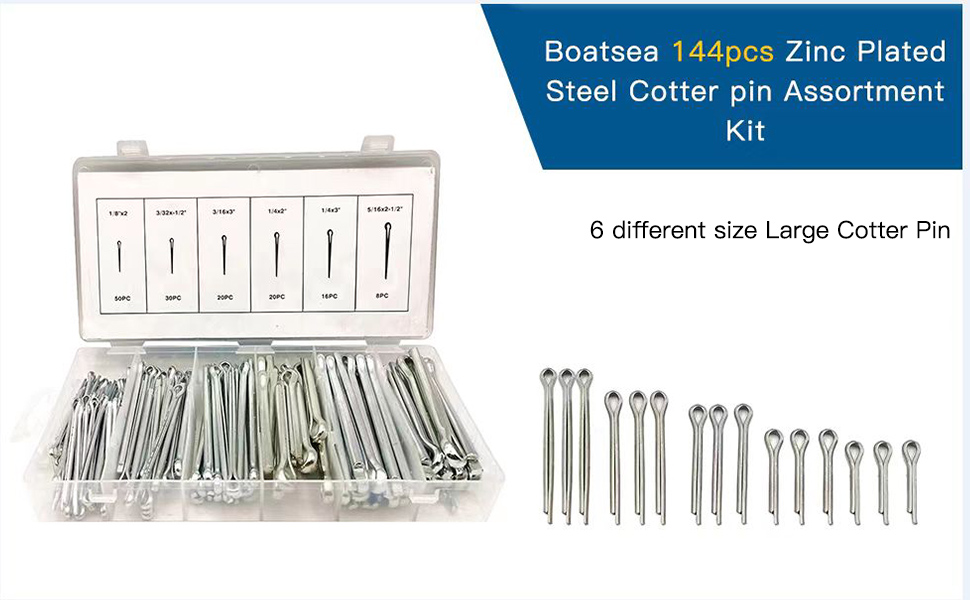 Boatsea 144 Pcs Large Cotter Pin Assortment, Zinc Plated