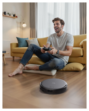 Runder Roboterstaubsauger auf Holzboden. Dunkelgrau mit flachem Design. Person, die auf einer gelben Couch sitzt und den Gamecontroller im Hintergrund hält.