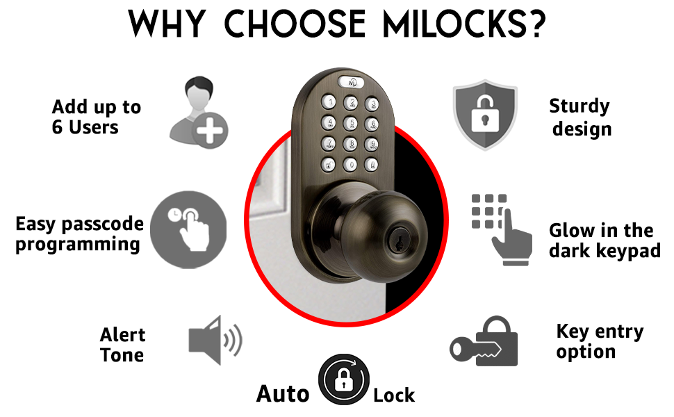 multiple users sturdy design glow dark keypad keyless entry alert tone passcode auto lock front set