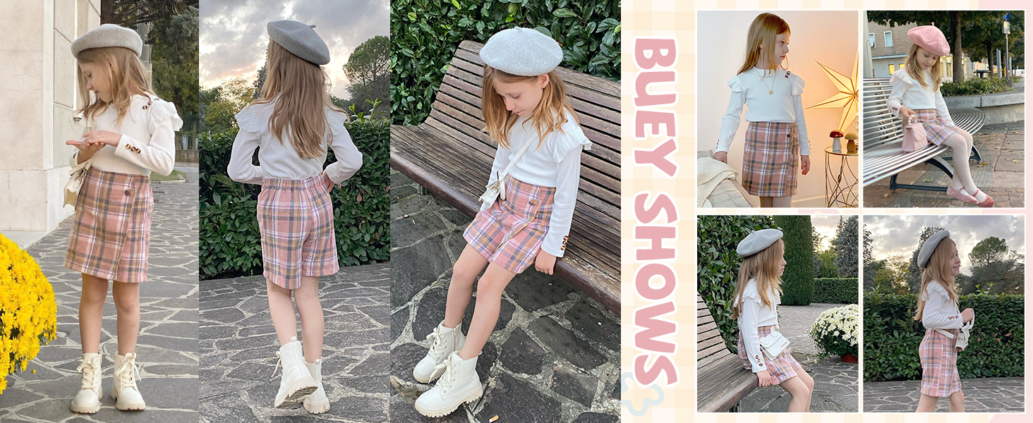 Collage aus Kinderkleidung mit Röcken mit Blumendruck, weißen Oberteilen und Accessoires wie Hüten und Schuhen. Mehrere Ansichten zeigen verschiedene Gestaltungsmöglichkeiten