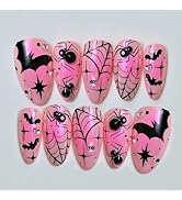 30Pcs Halloween Press on Nails Medium Almond Fake Nails with Rhinestones Designs 3D Spider Web Fa...