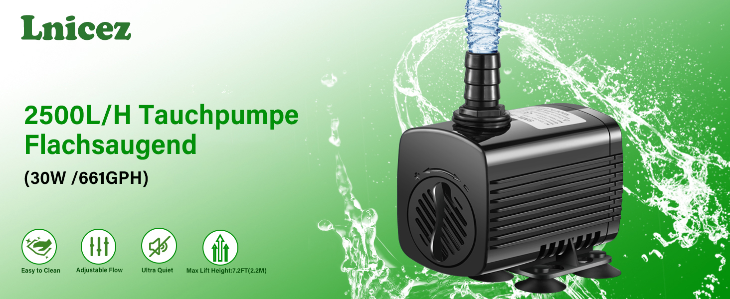 Lnicez 2500L/H Tauchpumpe Grüner Hintergrund mit Wasserspritz-Effekt Zu den Produktmerkmalen gehören eine Leistung von 30 W und eine flache Saugfähigkeit