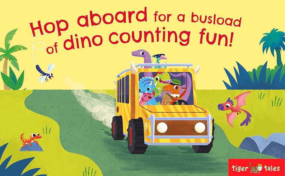 Hop aboard for a busload of dino counting fun! Image of the dinosaurs in the bus on a jungle road