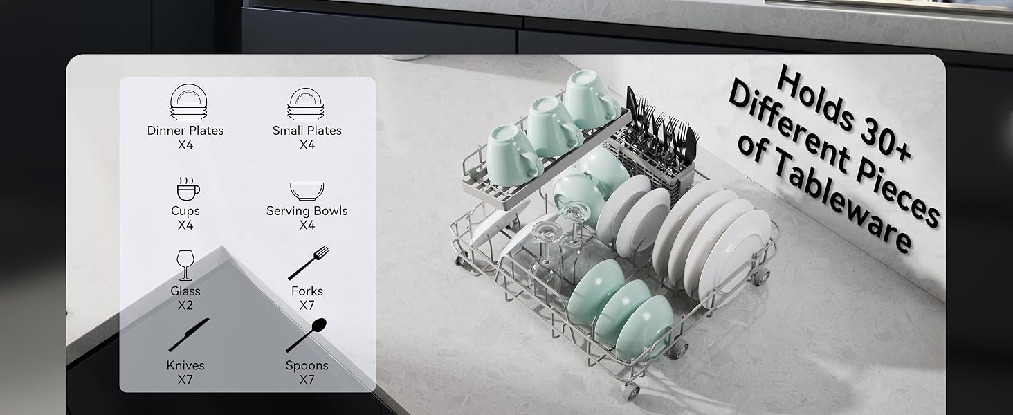 Text: 'holds 30+ pieces of Tableware'. Diagram showing dishwasher rack layout with icons indicating different types of dish placement configurations.