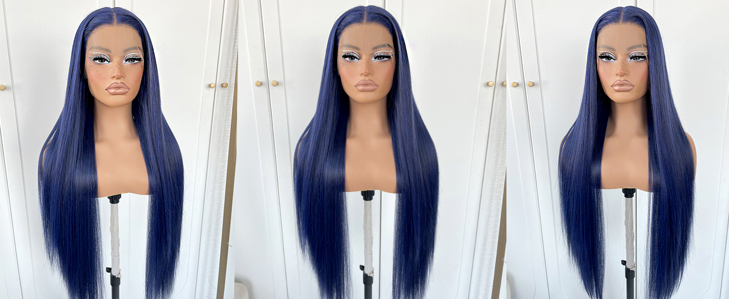 MITIMES Blue Straight HD Lace Front Wig Pre-Plucked Glueless Synthetic Dark Blue Lace Front Wig 