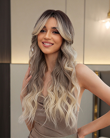 Ombre Blonde Wavy Wig With Bangs
