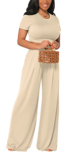 Casual 2 Piece Outfit for Women Short Sleeve Crop Top Wide Leg Palazzo Pants Set