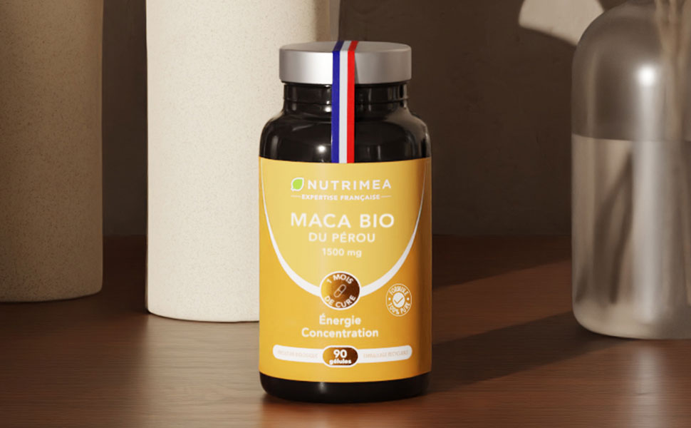 Le texte indique « MACA BIO ». Vues multiples de bocaux en verre de couleur ambrée contenant ce qui semble être un produit alimentaire ou un complément alimentaire.